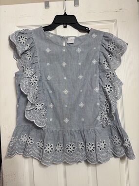 New York & Company Blue and White Eyelet Ruffle Blouse